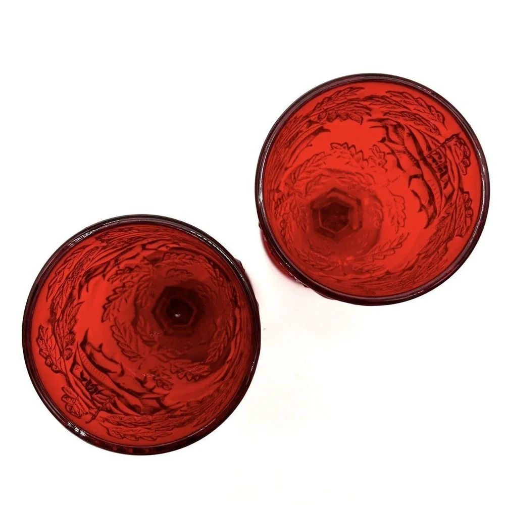 Westmoreland Ruby Red Pressed Glass Goblets Set of 2 Bird & Leaf Pattern 6.5
